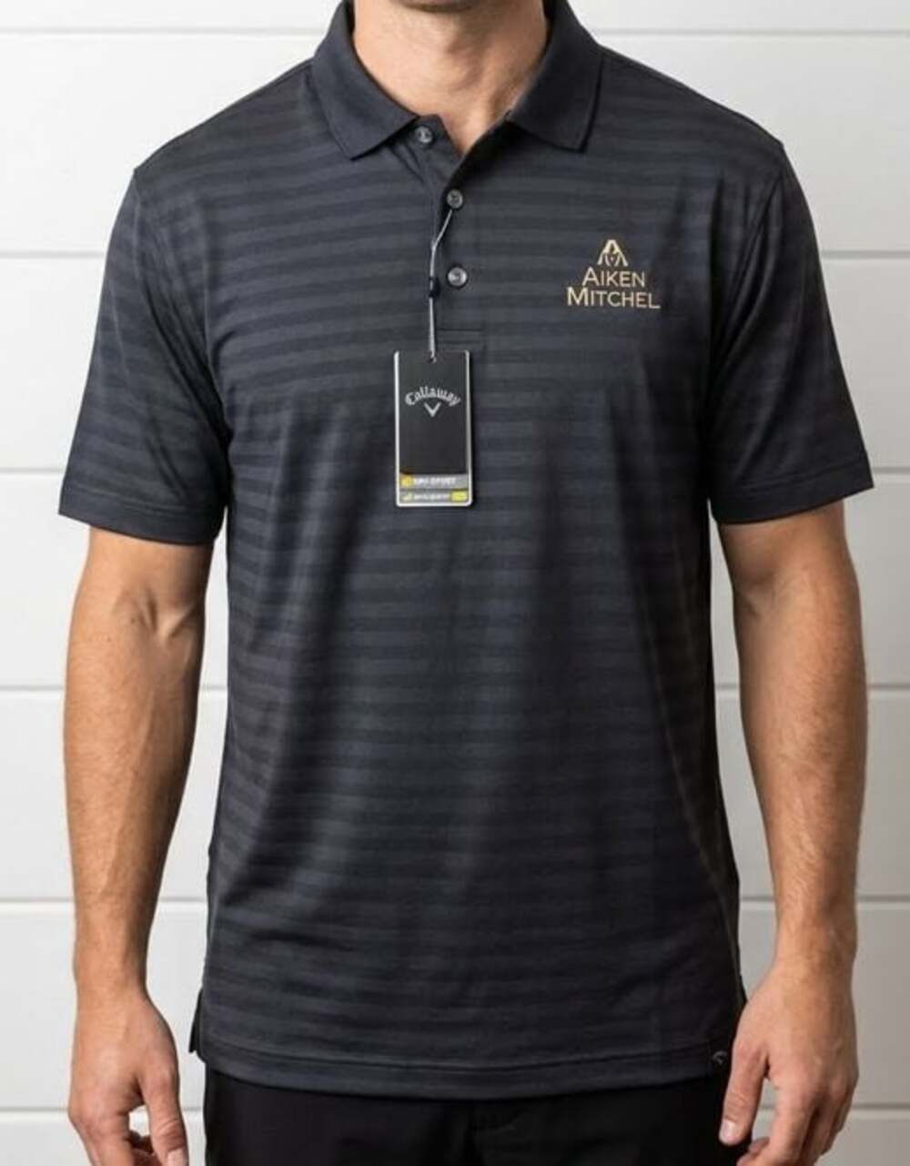 Callaway Men's Black Aiken Mitchel Custom Logo Textured Striped Golf Polo Shirt